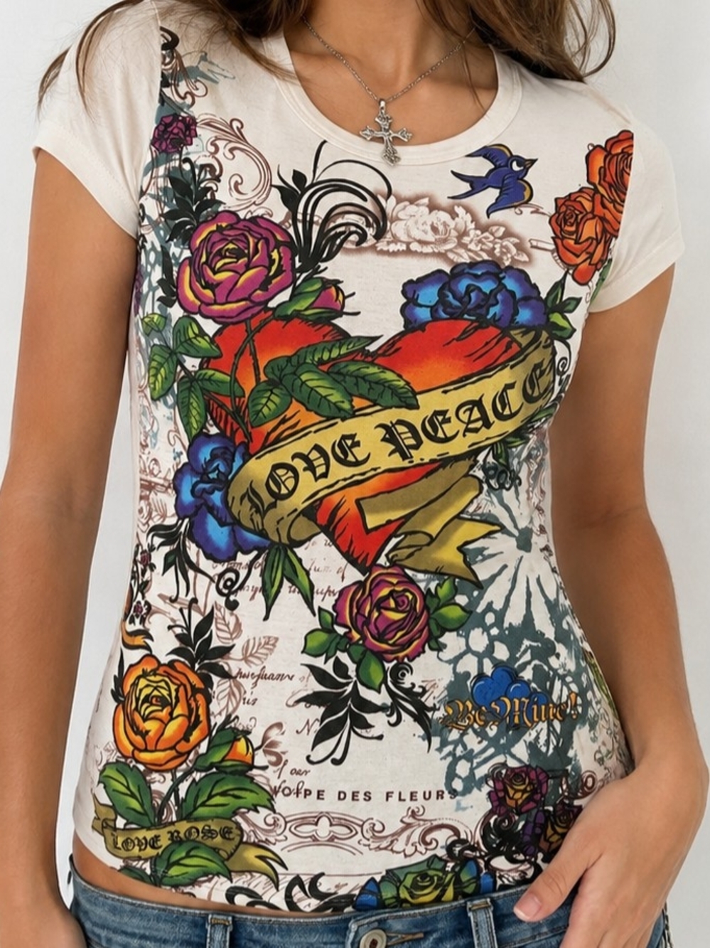Charlotte Russe Y2K Ed Hardy Style Tattoo Graphic Tee M Punk Grunge